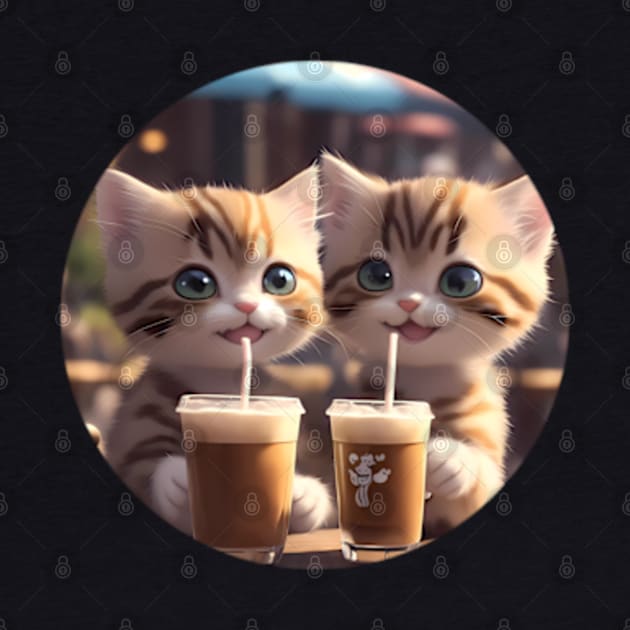 Two cute happy kittens drinking iced coffee by BrisaArtPrints